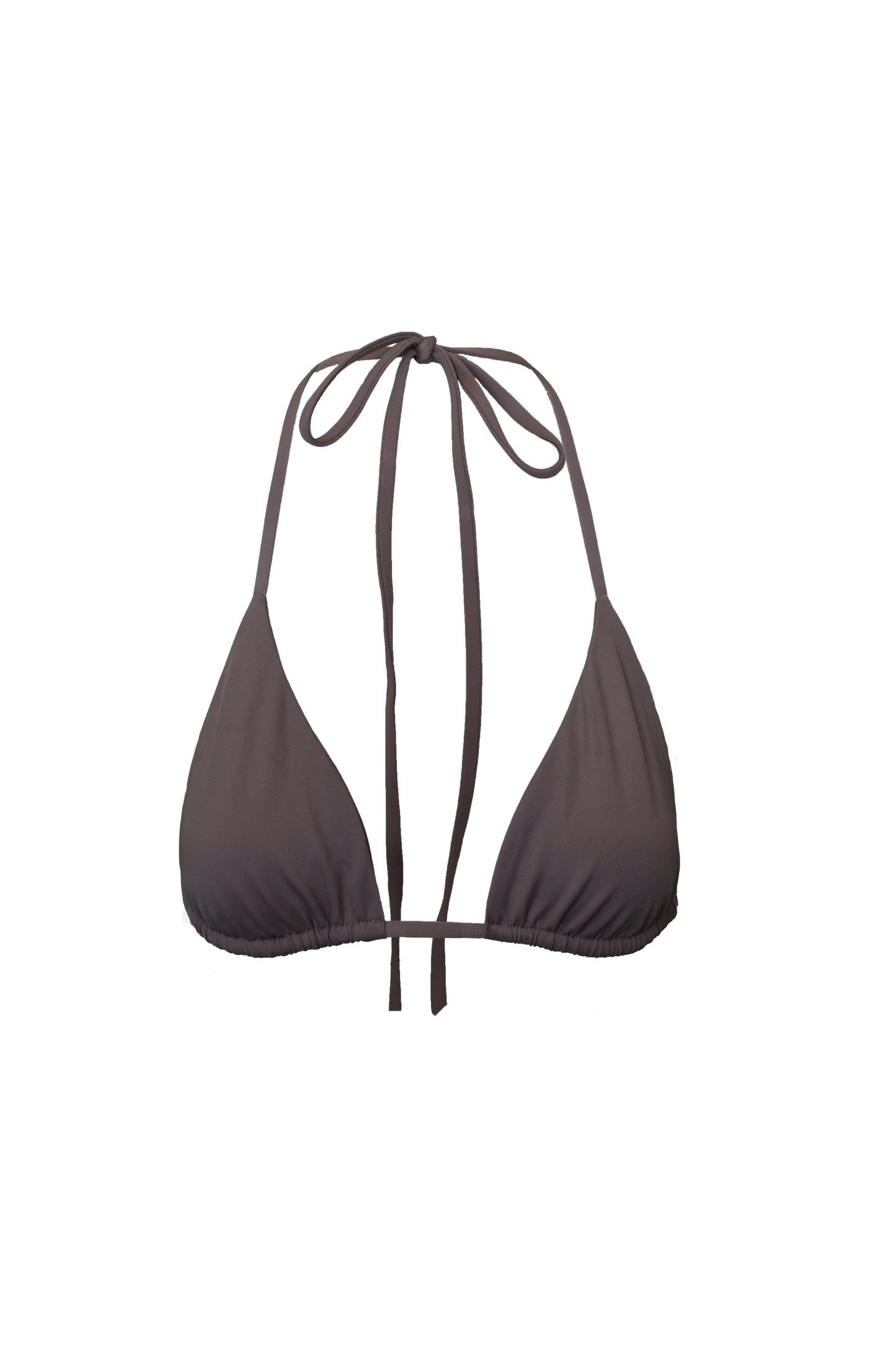 Brown triangle bikini top with thin straps on a white background
