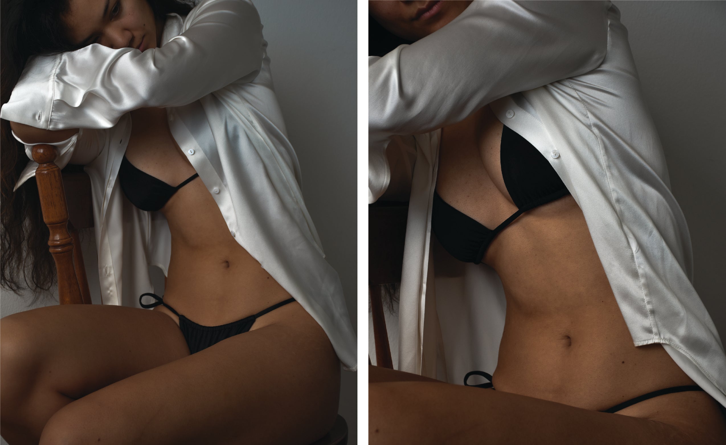 Person wearing black triangle swimwear top and scrunched swimwear bottoms layered with a white shirt with their arms crossed